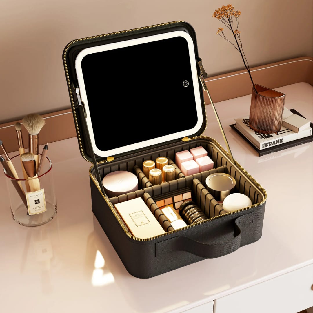 Travel portable makeup organiser with LED mirror